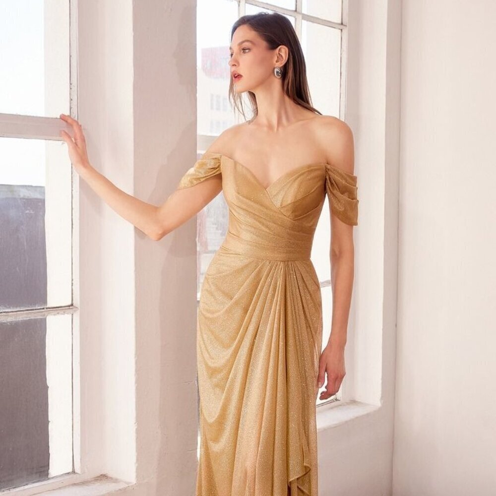 New Long Evening A-Line Off Shoulder Glitter Dress w/ Gathered Skirt CD T604